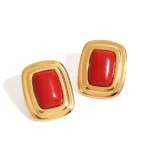 Women Style Retro Style 18K Gold Stainless Steel Red Agate Square Round Red Agate Earrings