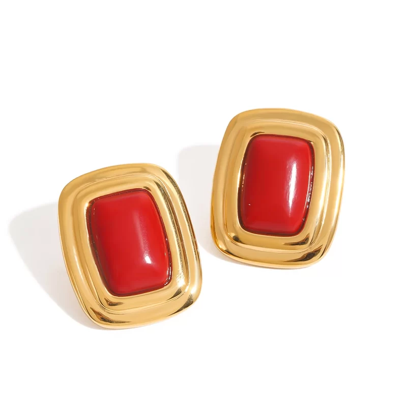Women Style Retro Style 18K Gold Stainless Steel Red Agate Square Round Red Agate Earrings