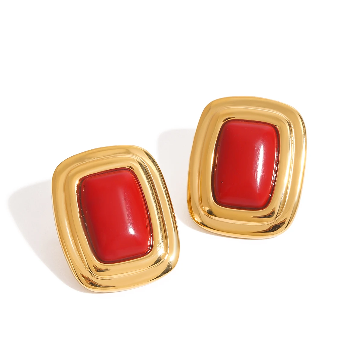 Women Style Retro Style 18K Gold Stainless Steel Red Agate Square Round Red Agate Earrings