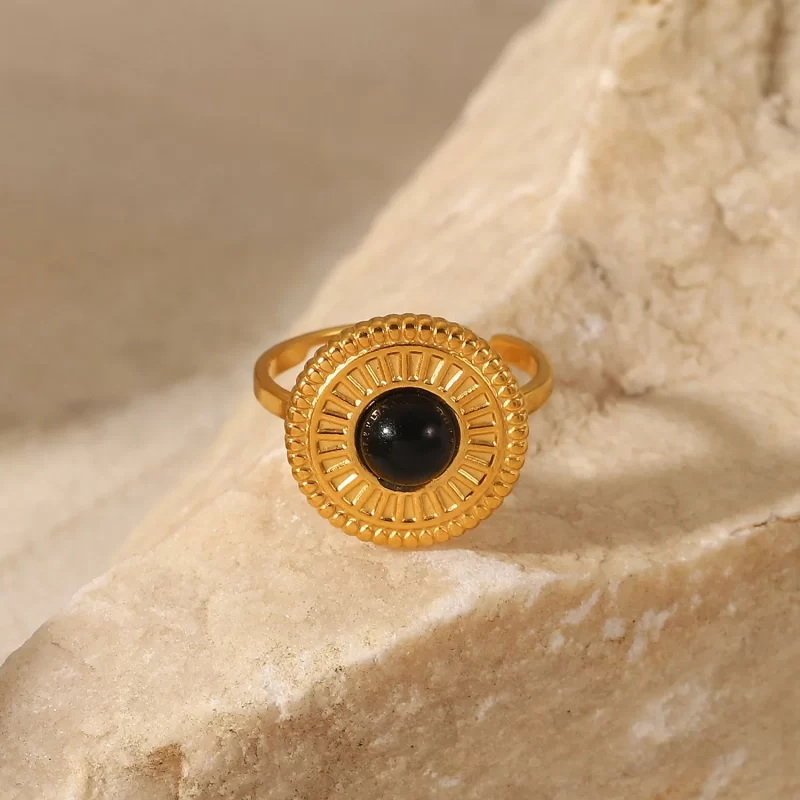 2022 New Stainless Steel Black Semi-Precious Stone Adjustable Ring Round Button Disc Black for Woman - Image 2