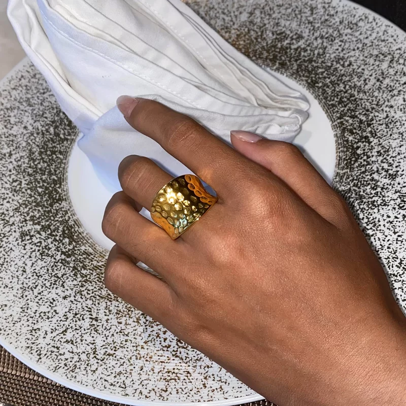 J&D Designer 18K Gold Plated Stainless Steel Exaggerated Concave Design Bold Wide Hammered Rings - Image 3