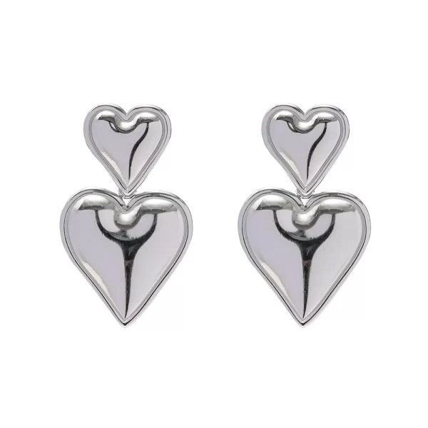 Stainless Steel Chunky Smooth Double Heart Drop Earrings