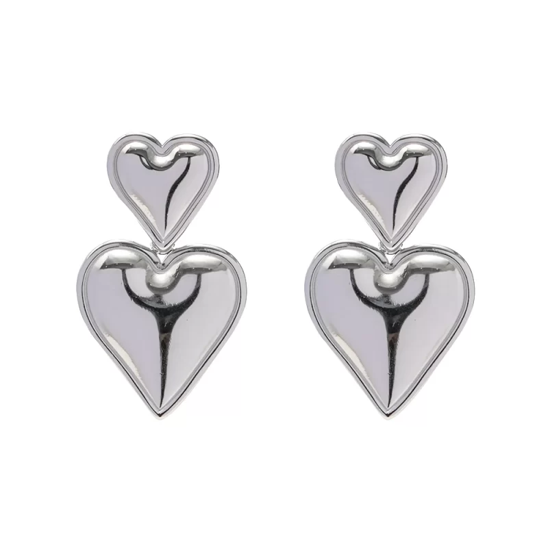 Stainless Steel Chunky Smooth Double Heart Drop Earrings