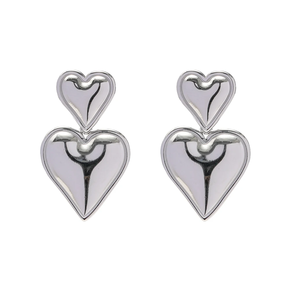 Stainless Steel Chunky Smooth Double Heart Drop Earrings