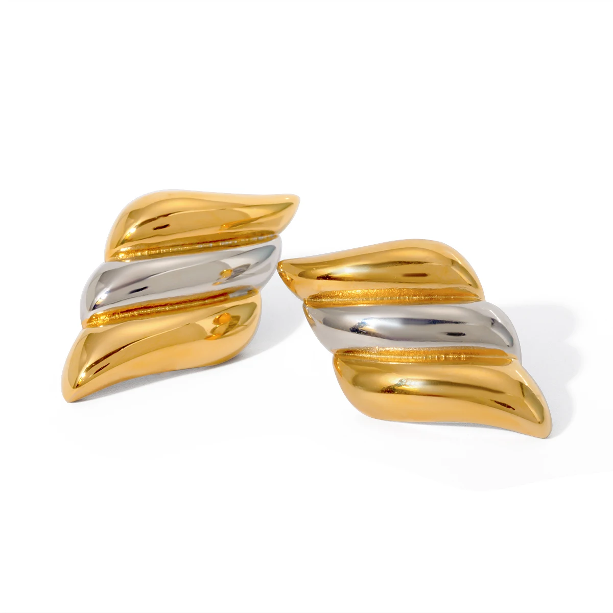 Waterproof 18k PVD Gold Stainless Steel Two Tone Plated High Polish Smooth Round Rope Spiral Texture Earring