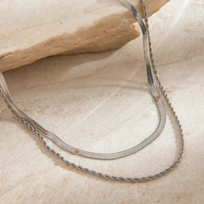 J&D Jewelry Waterproof 18K PVD Gold Plating Also Silver Colorway Two Layers Rope Flat Snake Chain Necklace - Image 4
