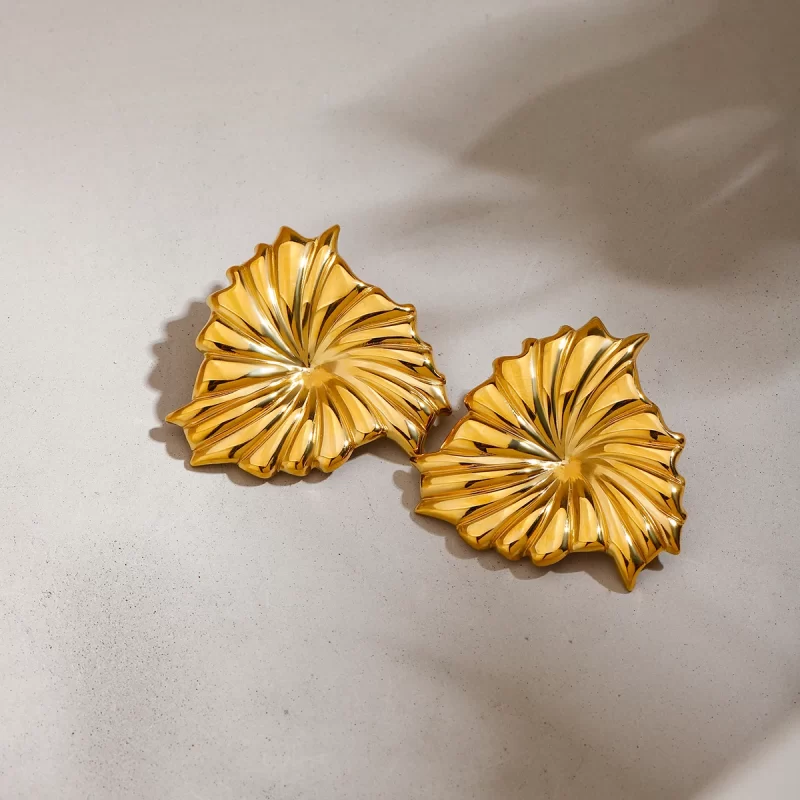 Delicate Jewelry Women 18K Gold Stainless Steel Waterproof Earrings Ribbed Large Leaf Big Earrings - Image 4