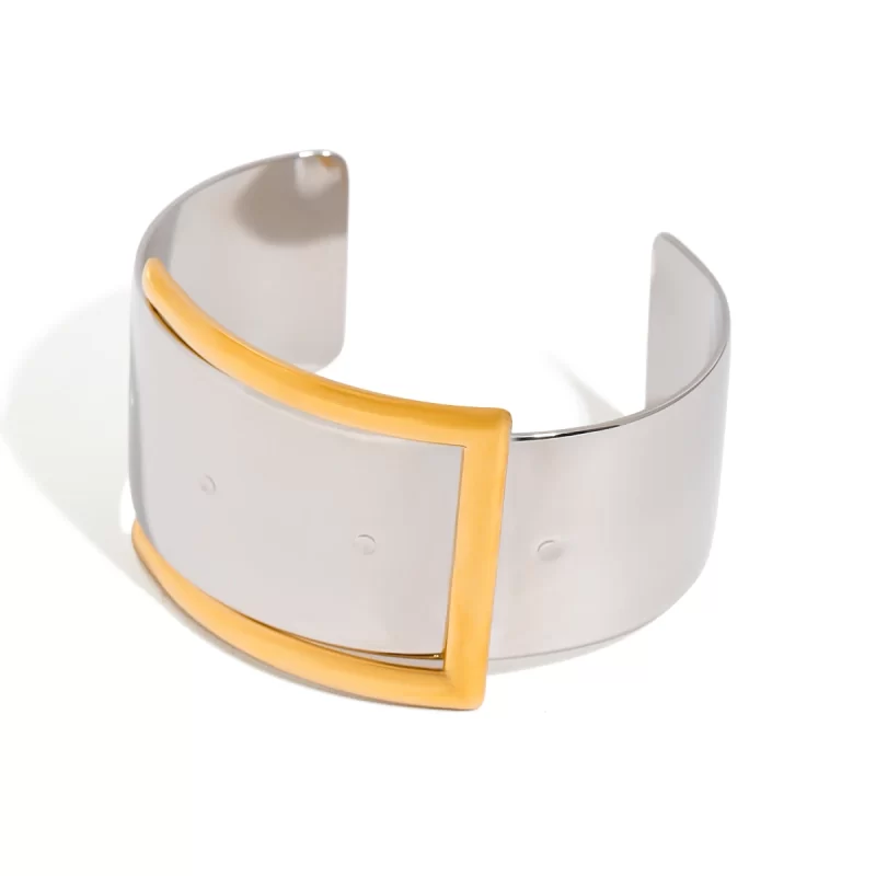 J&D Modern Minimalist 18K Gold Stainless Steel Gold Silver Two-Tone Belt Buckle Open Cuff Bracelet for Women