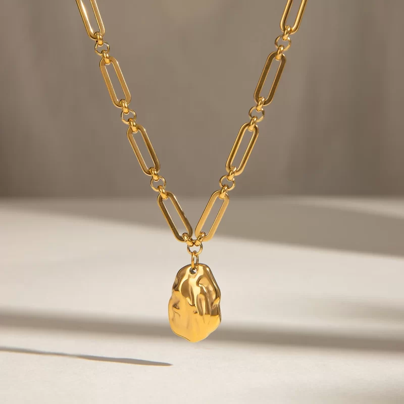 18k Gold Stainless Steel Simple Hammered Special Shaped Steel Bead Pendant Necklace 42+5cm - Image 5