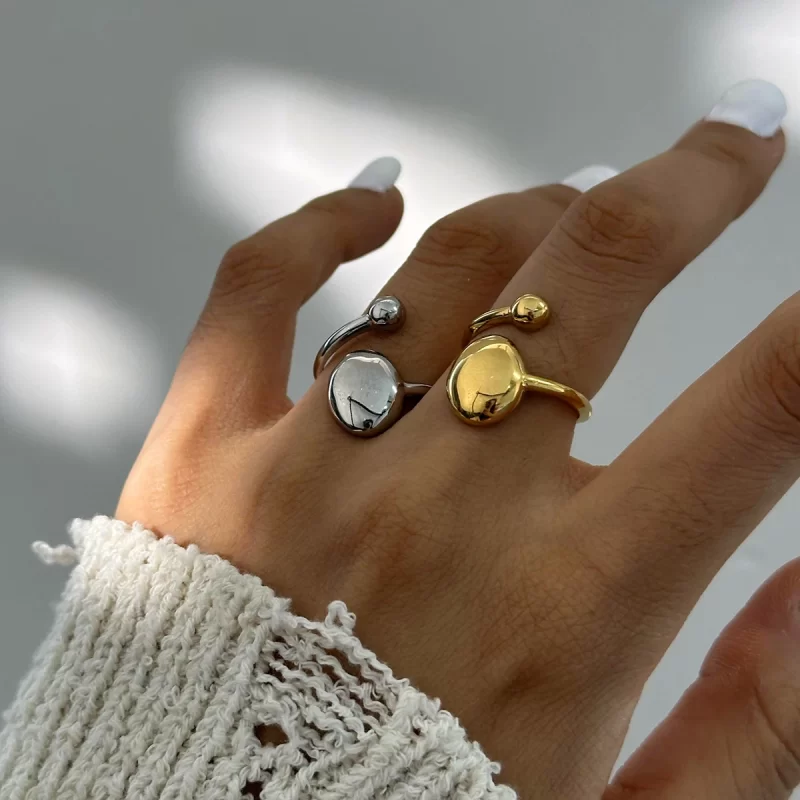 J&D Simple Design Stainless Steel 18K Gold Plated Rings Asymmetric Oval Hemisphere Polished Open Rings - Image 2