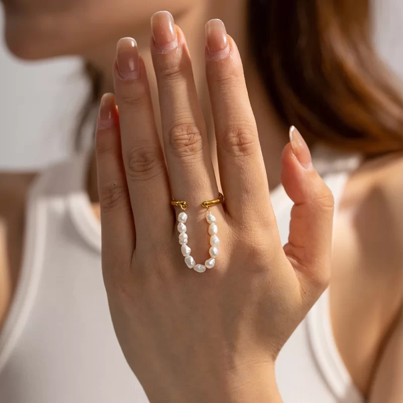 Freshwater Chain Pearl Opening Ring 18K PVD Gold Plated Stainless Steel Link Chain Natural Pearl Ring for Women - Image 2