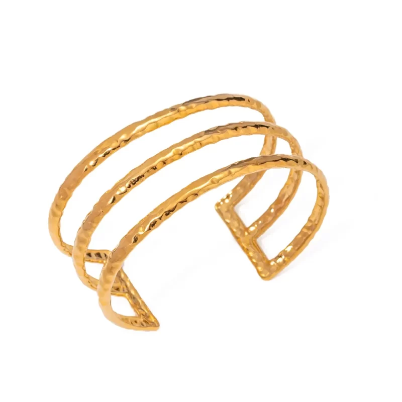 J&D Jewelry Three-layer Hammered Texture Cuff Bangle 18K PVD Gold Plated Stainless Steel Opening Bracelet