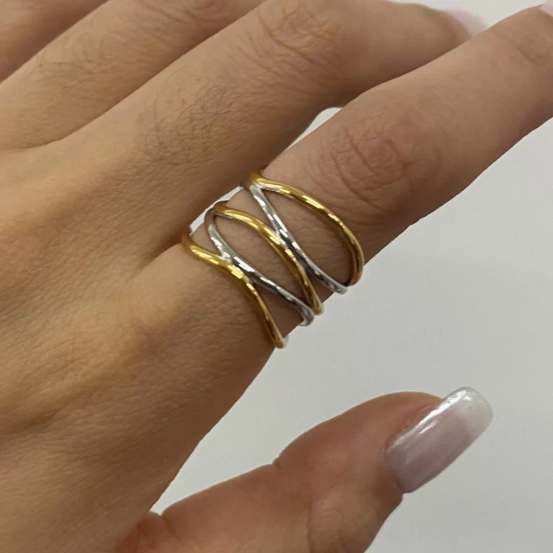 J&D Tarnish Free Jewelry Hypoallergenic Stainless Steel 18k Gold Plated Silver Color Two Tone Irregular Open Rings - Image 2