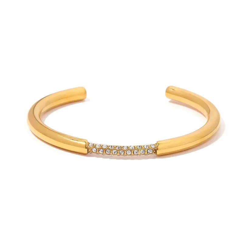 Simple 18k Gold Plated Stainless Steel Bracelet Jewelry Party Gift Opening White Cubic Zirconia Bangles