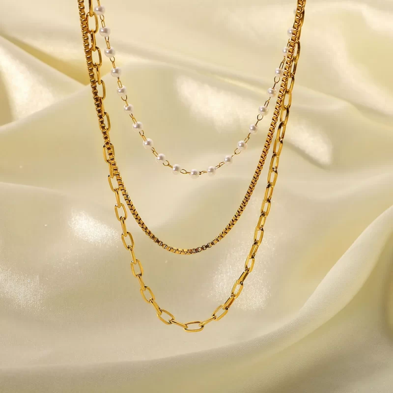 18k Gold Multi Layer Necklace Pearl Collar Summer Beach Stainless Steel Link Chain Choker Necklace - Image 5