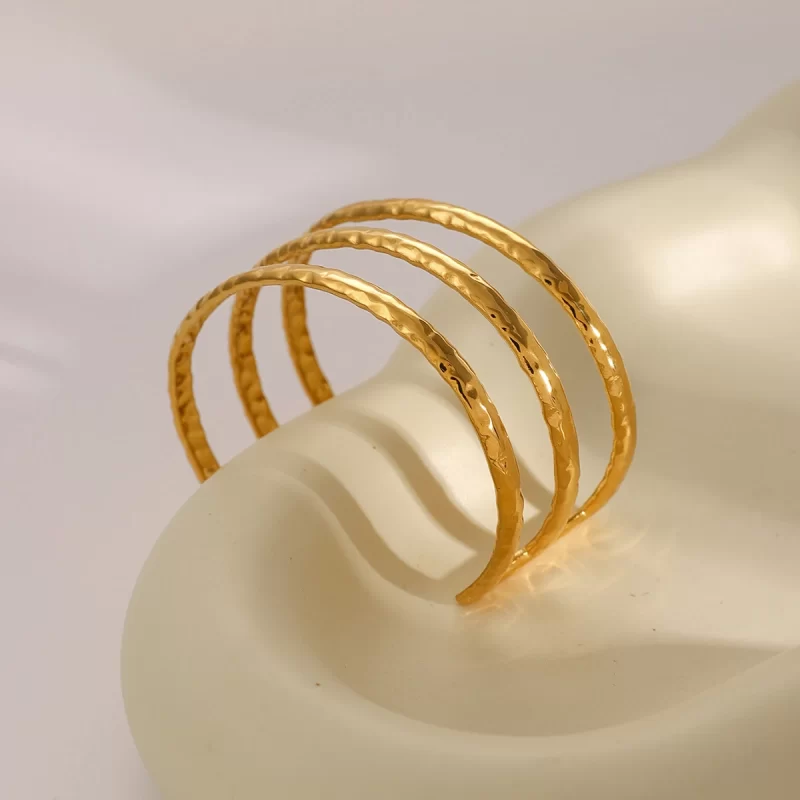 J&D Jewelry Three-layer Hammered Texture Cuff Bangle 18K PVD Gold Plated Stainless Steel Opening Bracelet - Image 4