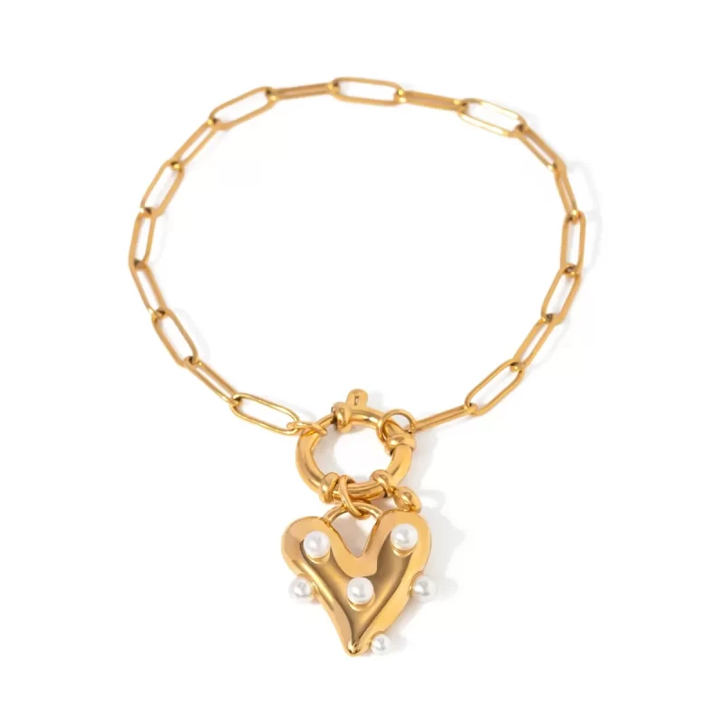 J&D Designer 20cm Stainless Steel Women Bracelet 18K Gold Plated Big Heart Pearl Pendant Bracelet