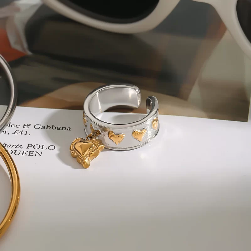 J&D 18K Gold Stainless Steel Liquid Metal Modern Minimalist Jewelry Heart Pattern Ring - Image 4