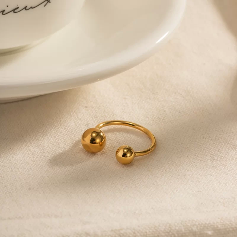 Minimalist 18K Gold Plated Statement Bead Ring Stainless Steel Two Ball Open Ring for Gift - Image 4