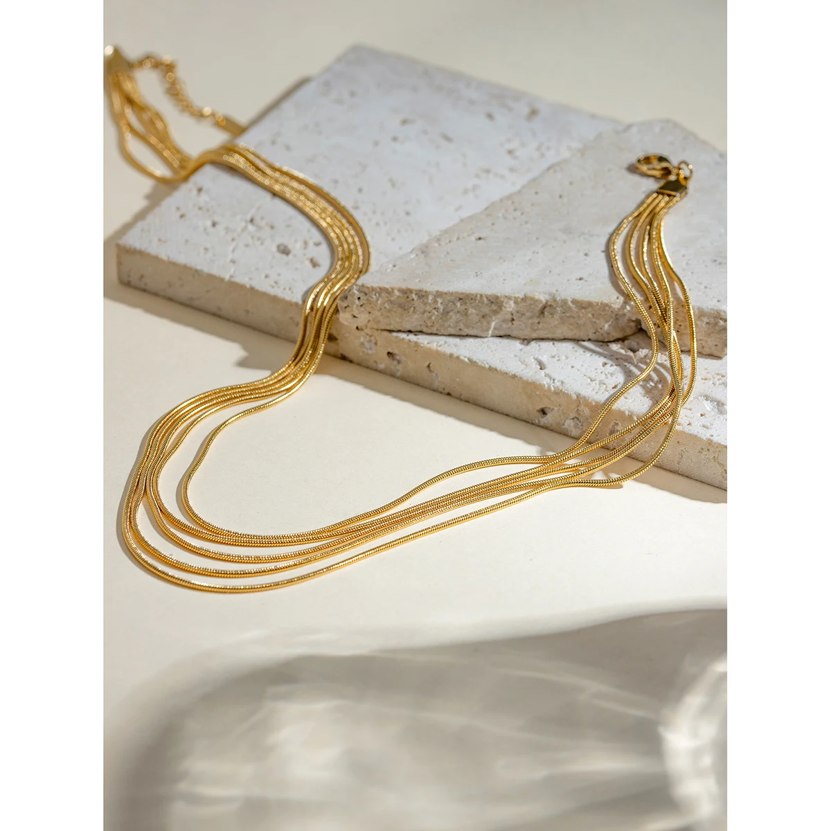 J&D 18K Gold Plated Stainless Steel Link Chain Necklace Multi-Layer Snake Style Trendy 40+41+42+43+44+5cm for Anniversaries