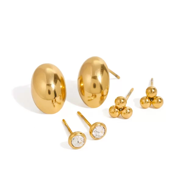 18k Gold Stainless Steel Jewelry White Zircon Hollow Oval and Steel Ball Ear Clips Set of 3 Fashion Jewelry