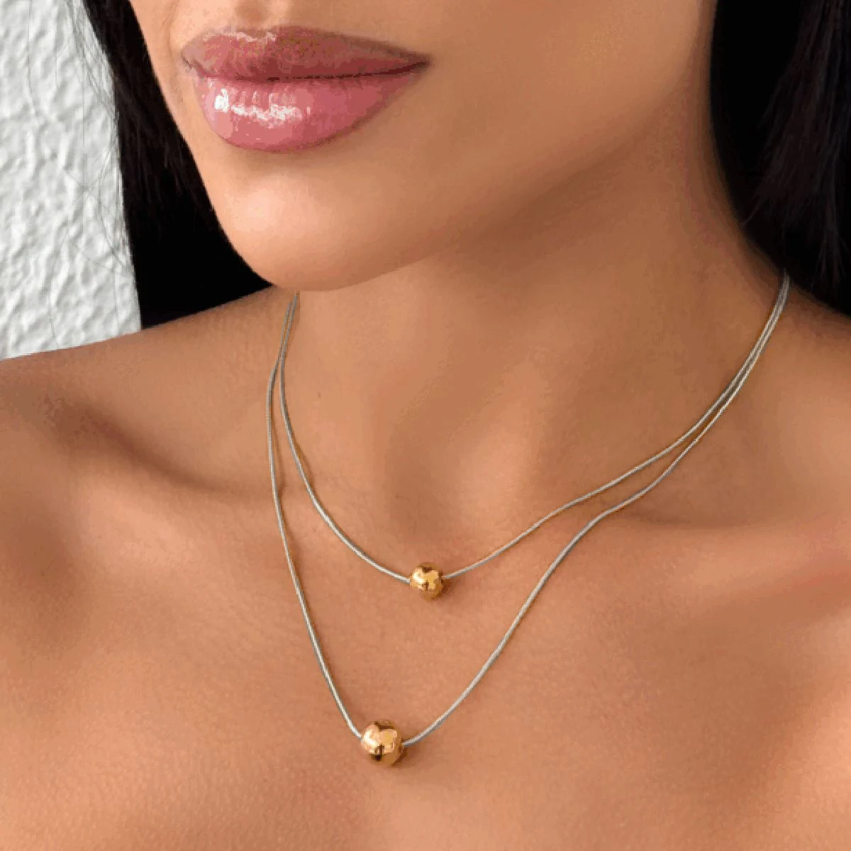 J&D 18k Gold Stainless Steel Dual-Tone Bead Pendant Snake Chain Necklace Adjustable Length