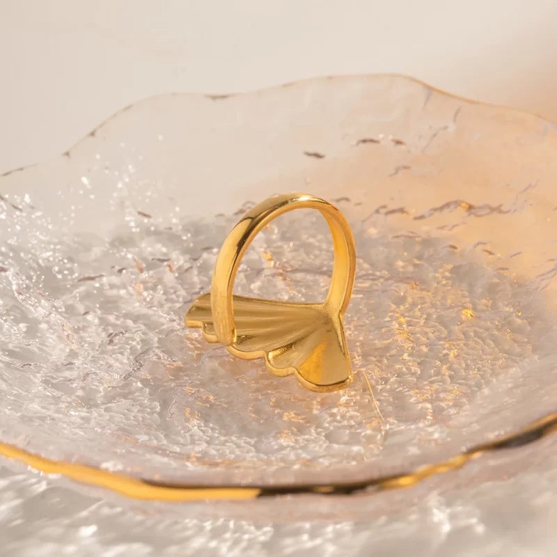 New Arrival Stainless Steel 18K Gold Plated Ring Gift Opening Ginkgo Leaf Shaped Rings for Women - Image 4