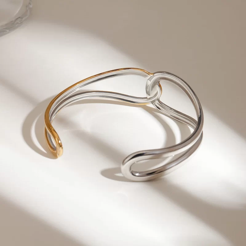 J&D Jewelry 18K Gold Plated Geometric Hypoallergenic Twist Wave Thin Matching Wide Cuff Bangle - Image 5