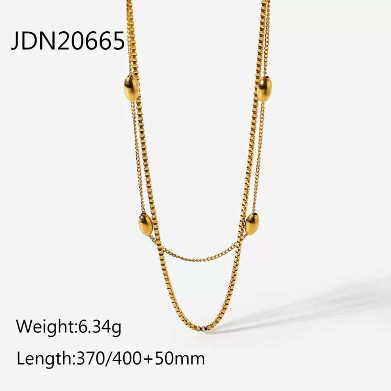 18k Gold Small Cube Collar Stainless Steel Double Layered Necklace Oval Ball Beads Chain Choker Necklace - Image 6