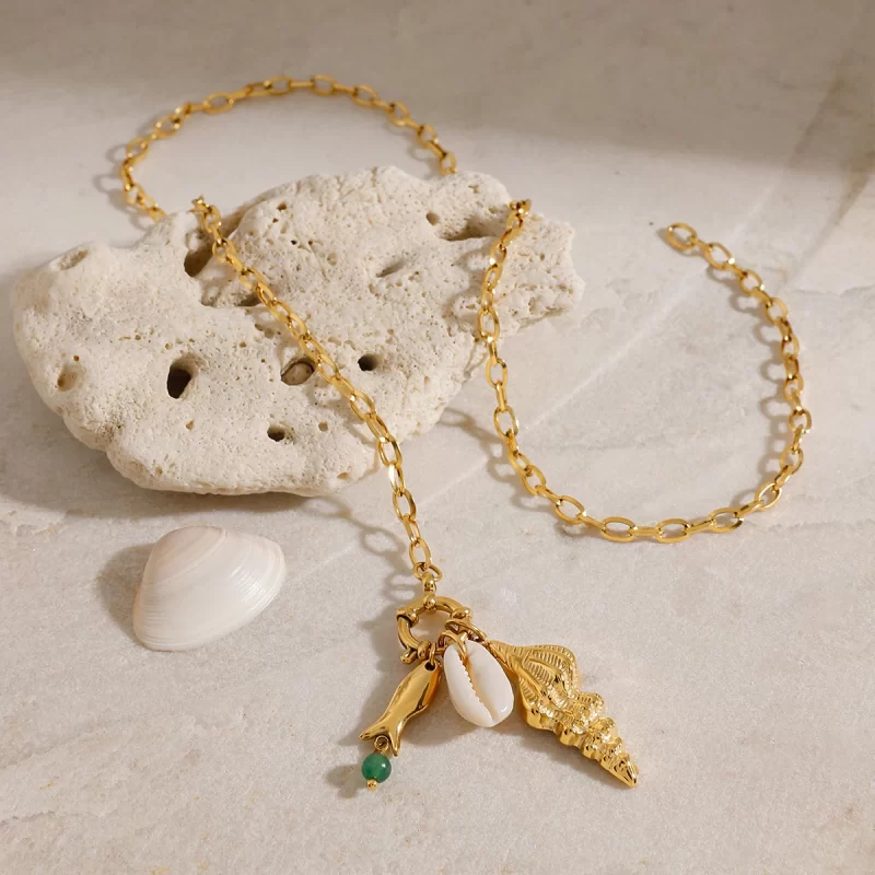J&D Ocean Beach Natural Shell Agate Fish 18K Gold Plated DIY Charm Necklace Waterproof Stainless Steel Trendy Link Chain - Image 2