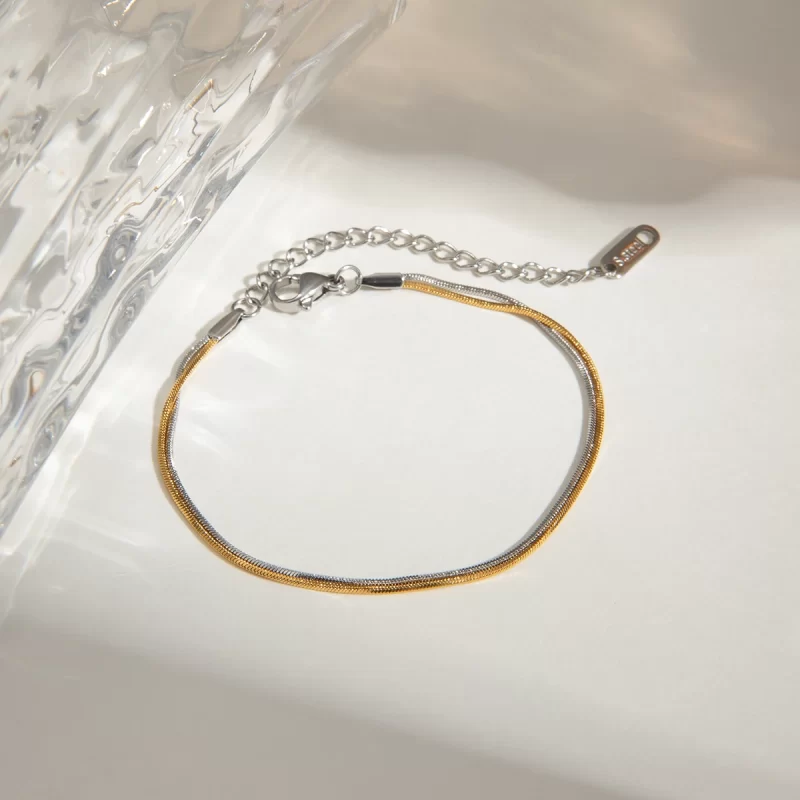 18K Gold Stainless Steel Gold And Silver Color Matching Square Snake Bone Chain 2-Layer Bracelet - Image 4