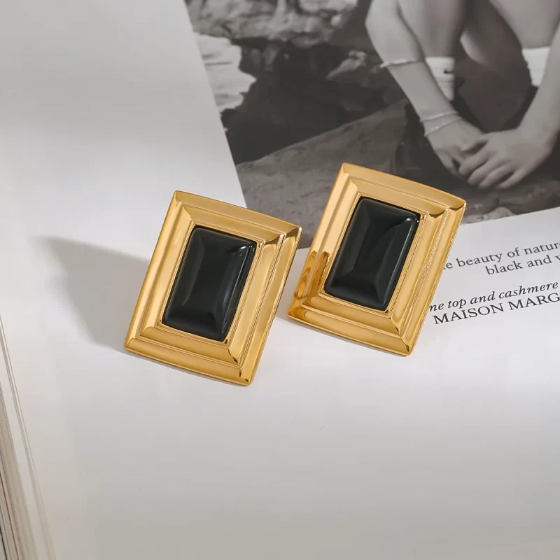 Retro Style 18K Gold Stainless Steel Black Onyx Rib Square Black Onyx Earrings - Image 4