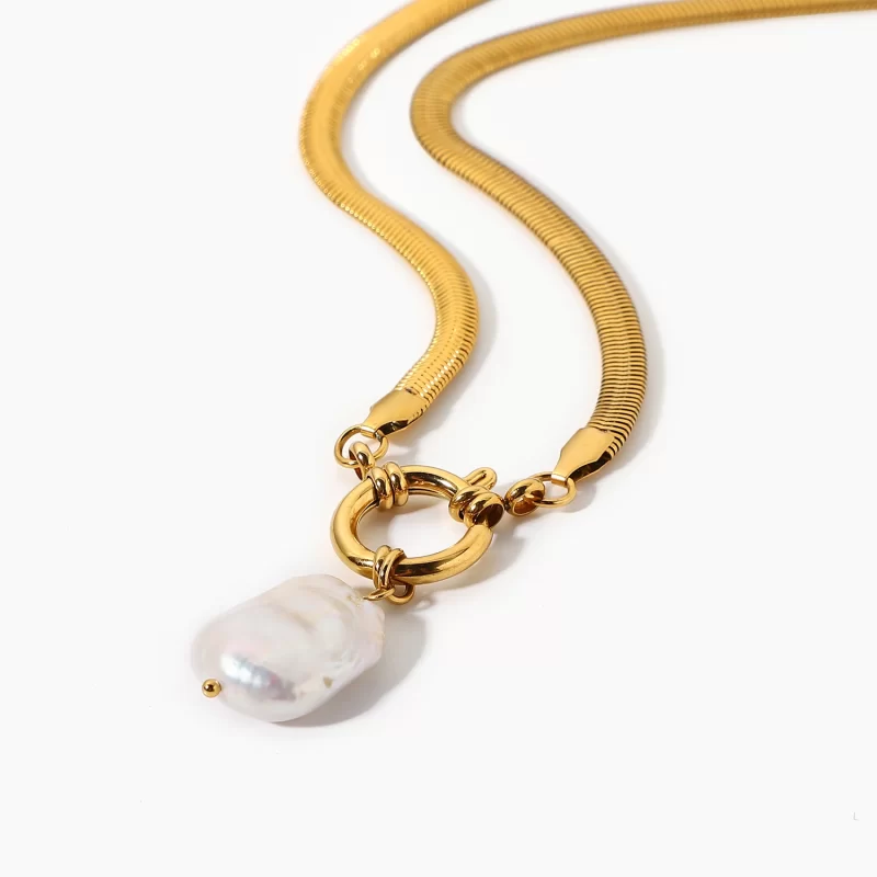 18K Stainless Steel Necklaces with Square Baroque Pearl Pendant Trendy Snake Chain 5mm Choker Jewelry for Anniversaries - Image 3