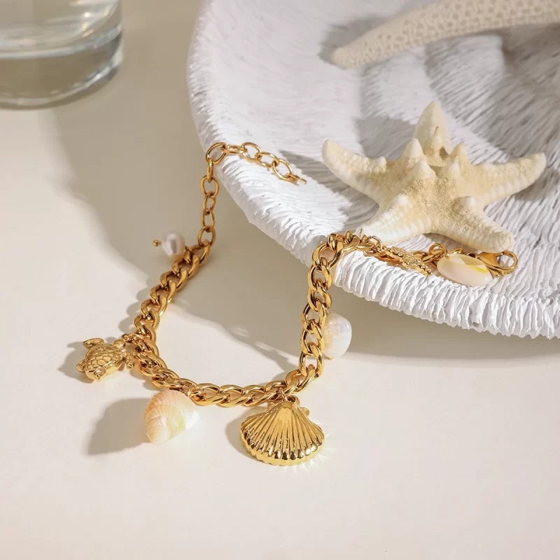 J&D Summer Beach Style 18K Gold Stainless Steel Ribbed Shell Conch Starfish Charms Bracelets - Image 5