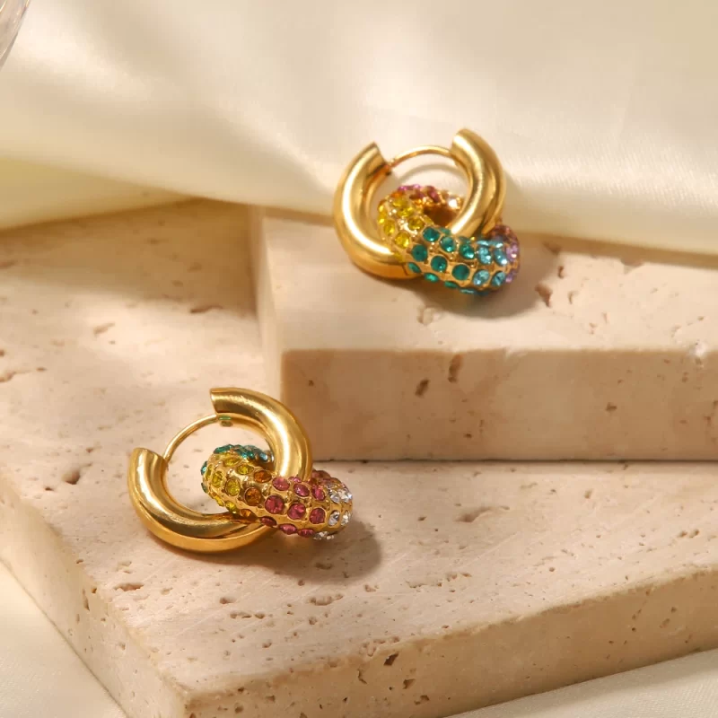 Waterproof 18k Gold Plated Stainless Steel Jewelry Gift Colorful Cubic Zirconia Hoop Earrings for Women - Image 2