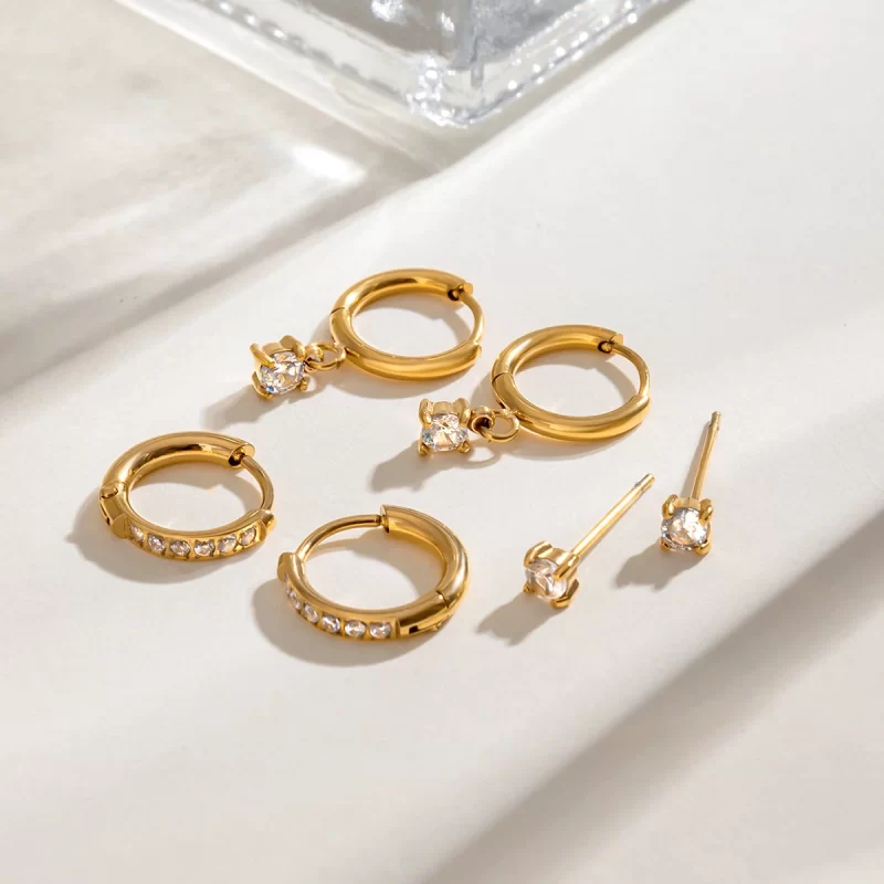 18k Gold Stainless Steel Zircon Hoop Earrings Set Three Pairs Classic Style - Image 4