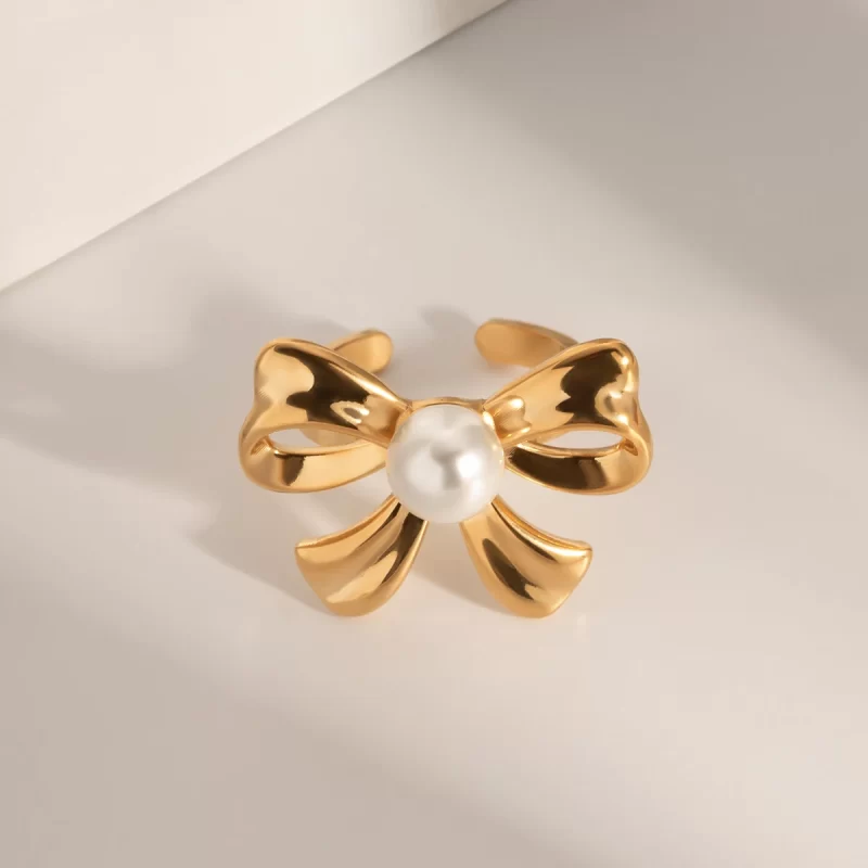 J&D Trendy Dainty Stainless Steel Bow Knot Rings 18K Gold Plated Bow Design Open Ring With Pearl - Image 2