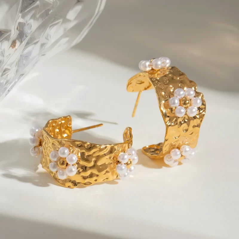 18k Stainless Steel Real Gold IP Plated Hammered Texture Flower C Shape Earrings Unique Style - Image 2