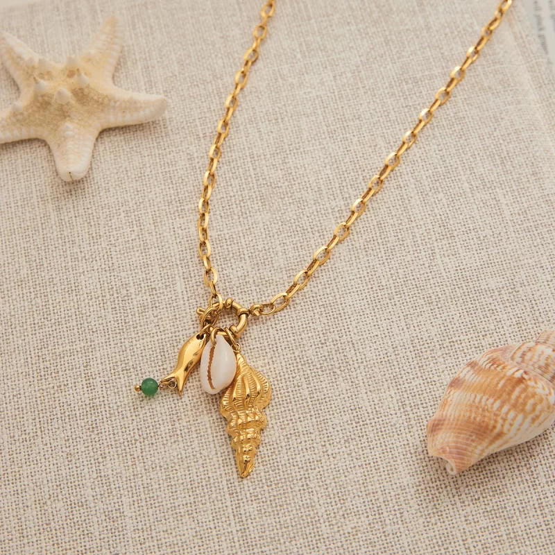 J&D Ocean Beach Natural Shell Agate Fish 18K Gold Plated DIY Charm Necklace Waterproof Stainless Steel Trendy Link Chain - Image 3