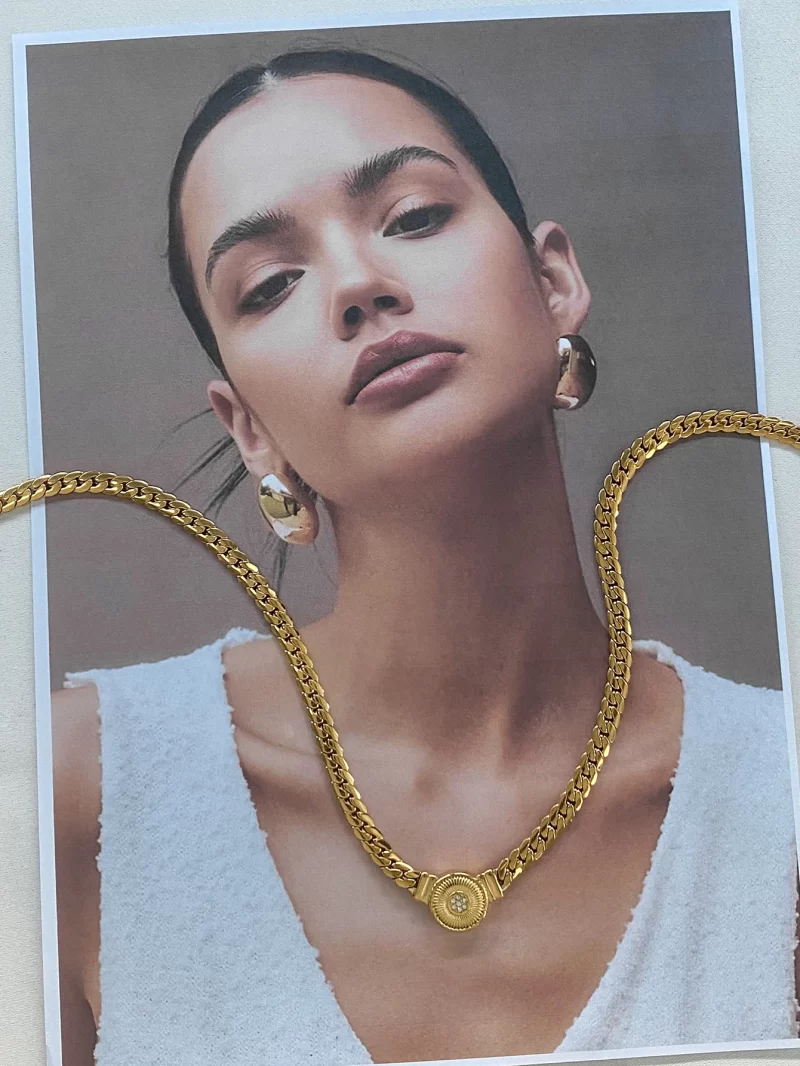 J&D 18k Gold Stainless Steel White Zircon Ribbed Round Pendant 45cm Cuban Chain Necklace Watch Chain - Image 5