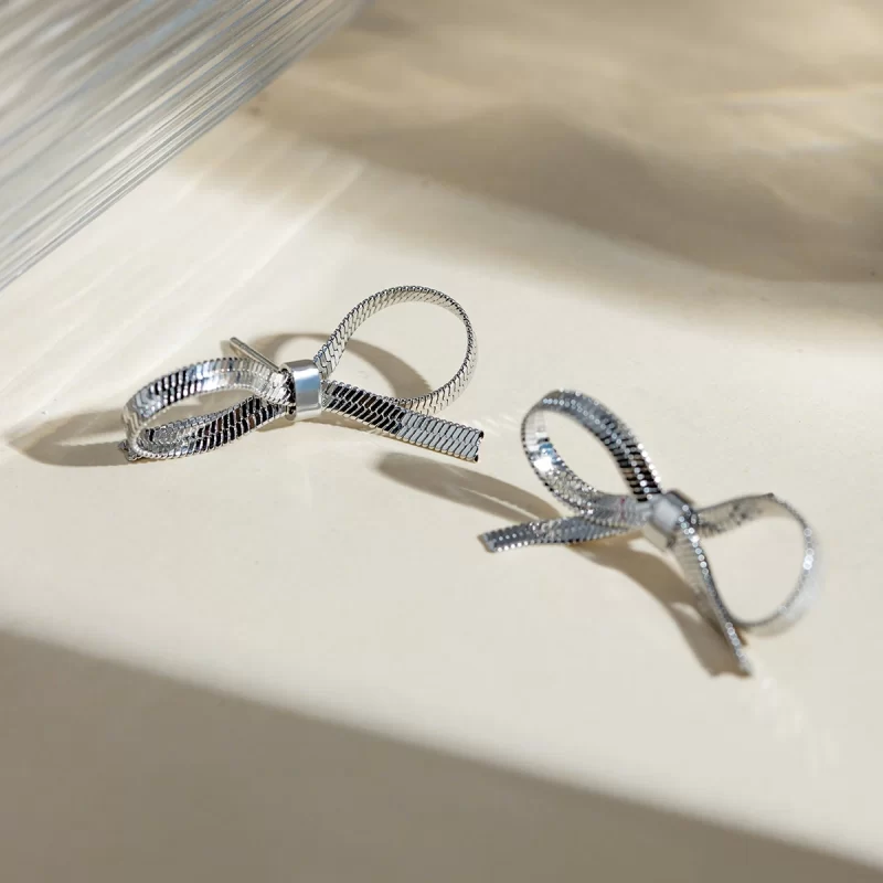 Snake Chain Bow Stud Earring  Silver Plated Stainless Steel Fancy Bow Drop Earring for Women - Image 3