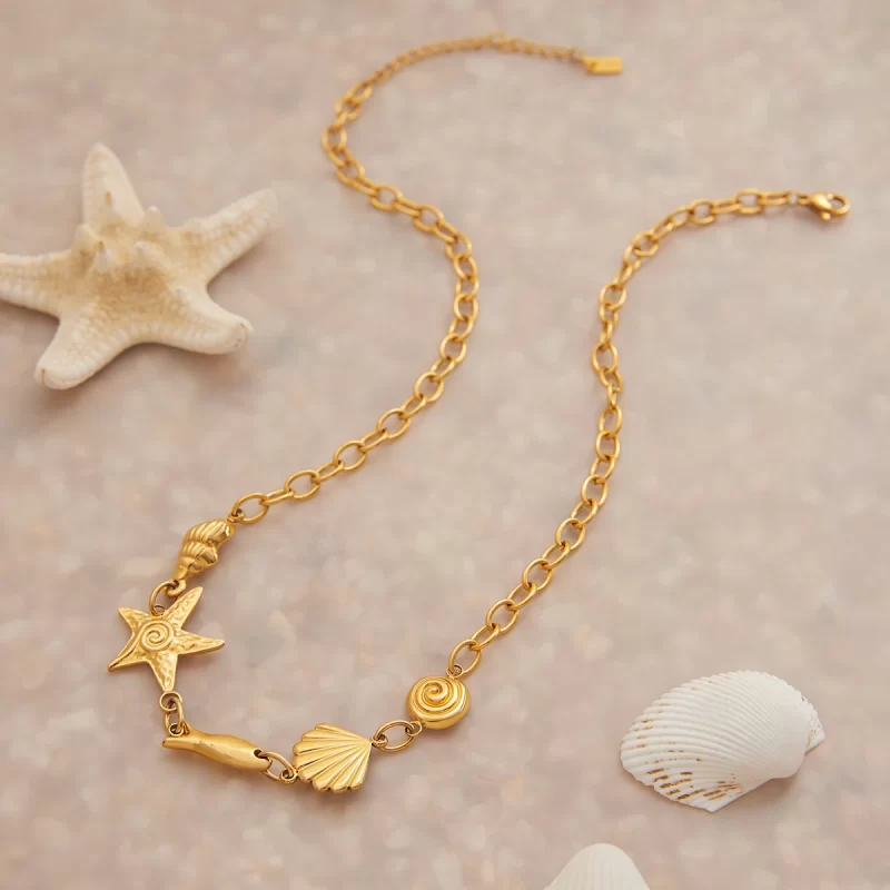 J&D 18K Gold Plated Stainless Steel DIY Charm Necklace Spiral Starfish for Summer Beach Party Trendy Link Chain - Image 2