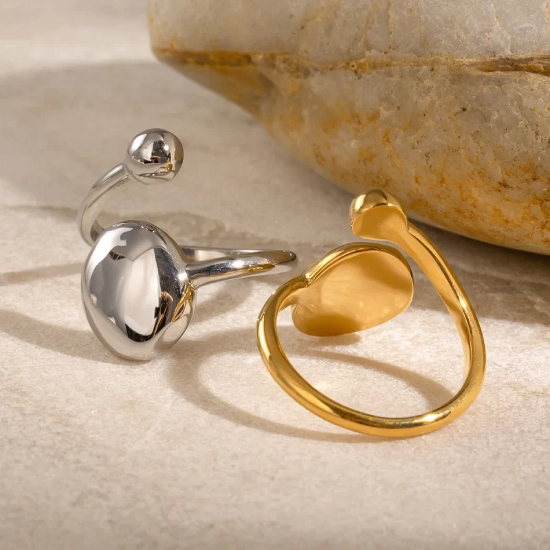 J&D Simple Design Stainless Steel 18K Gold Plated Rings Asymmetric Oval Hemisphere Polished Open Rings - Image 4