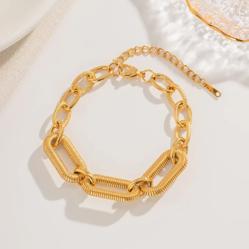 Paper Clip Chain Bracelet 18k PVD Gold Plated Stainless Steel Texture Punk Chain Stitching Bracelet for Women - Image 4