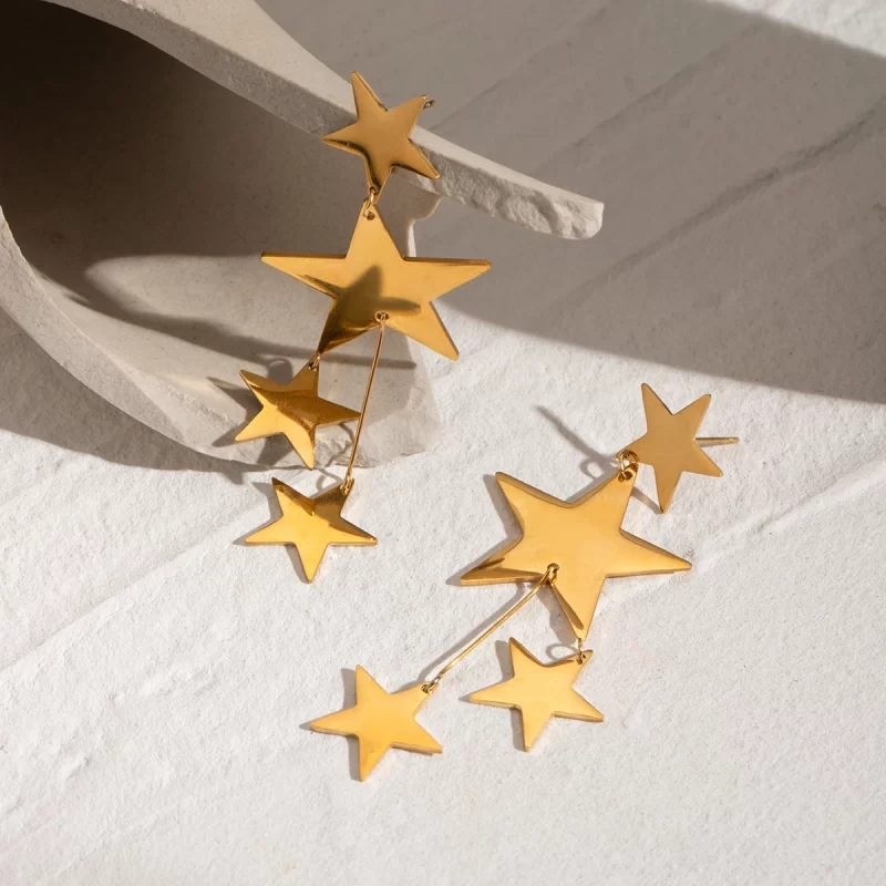 18k Gold Stainless Steel Faceted Star Tassel Earrings Contemporary Design for Women - Image 4