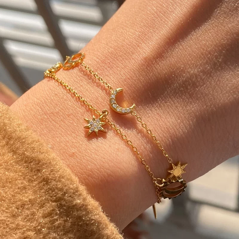J&D Trendy Moon Star Stainless Steel Bracelet Geometric Rhinestone Dainty Fashion Chain Jewelry - Image 3