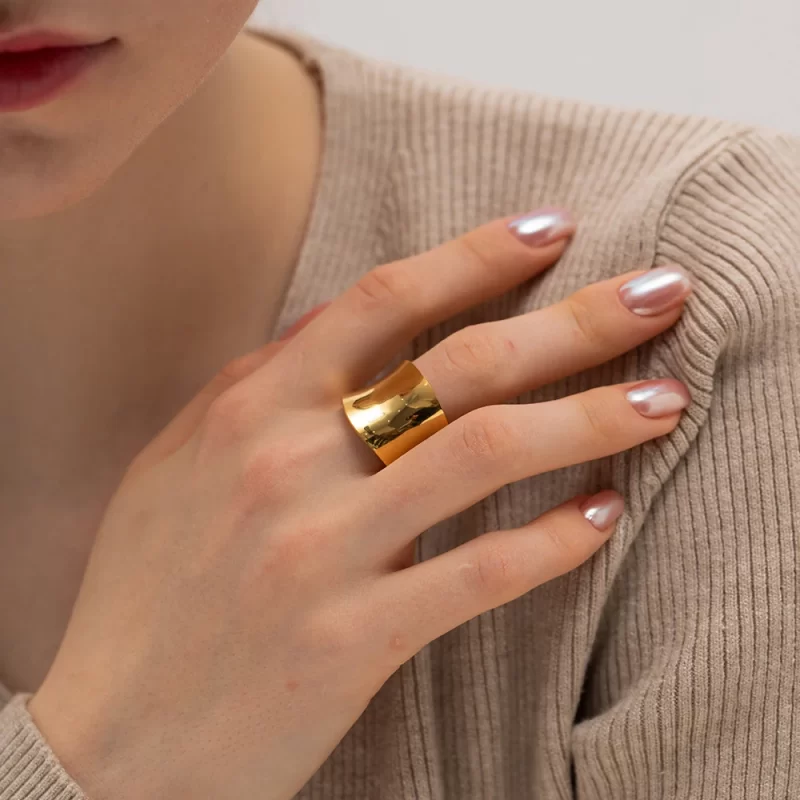 Chunky Jewelry 18K Gold Plated Stainless Steel Smooth Irregular Wide Surface Open Rings - Image 2