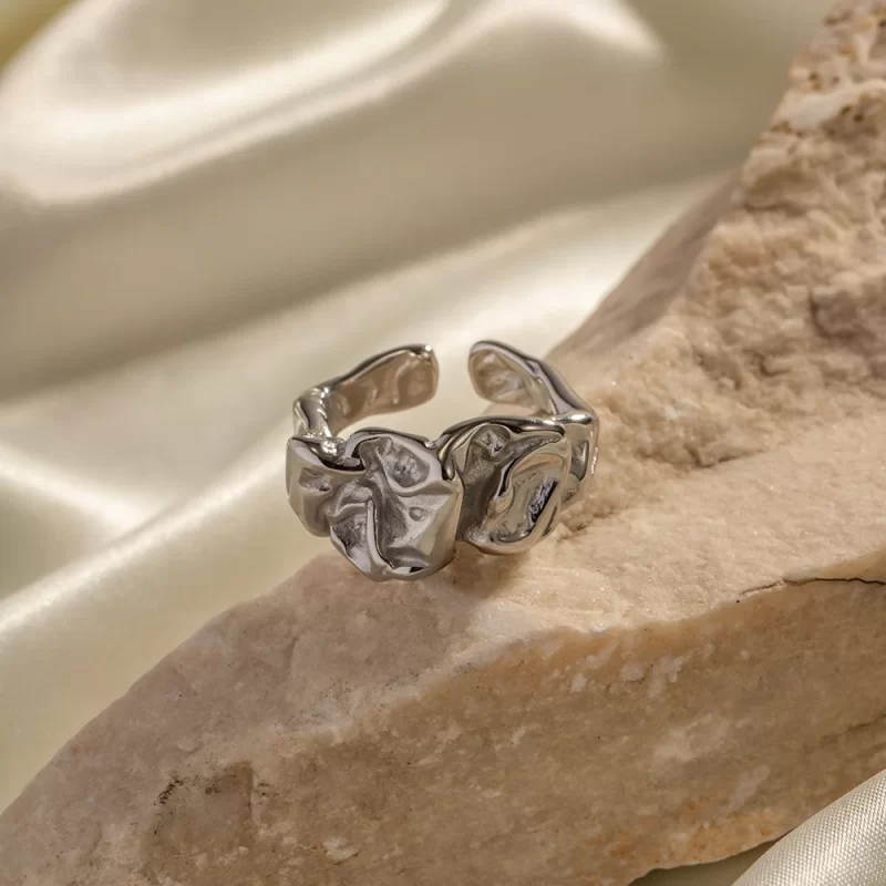 Luxury Silver Color High Polish Waterproof Stainless Steel Lava Irregular Opening Ring for Girls - Image 2