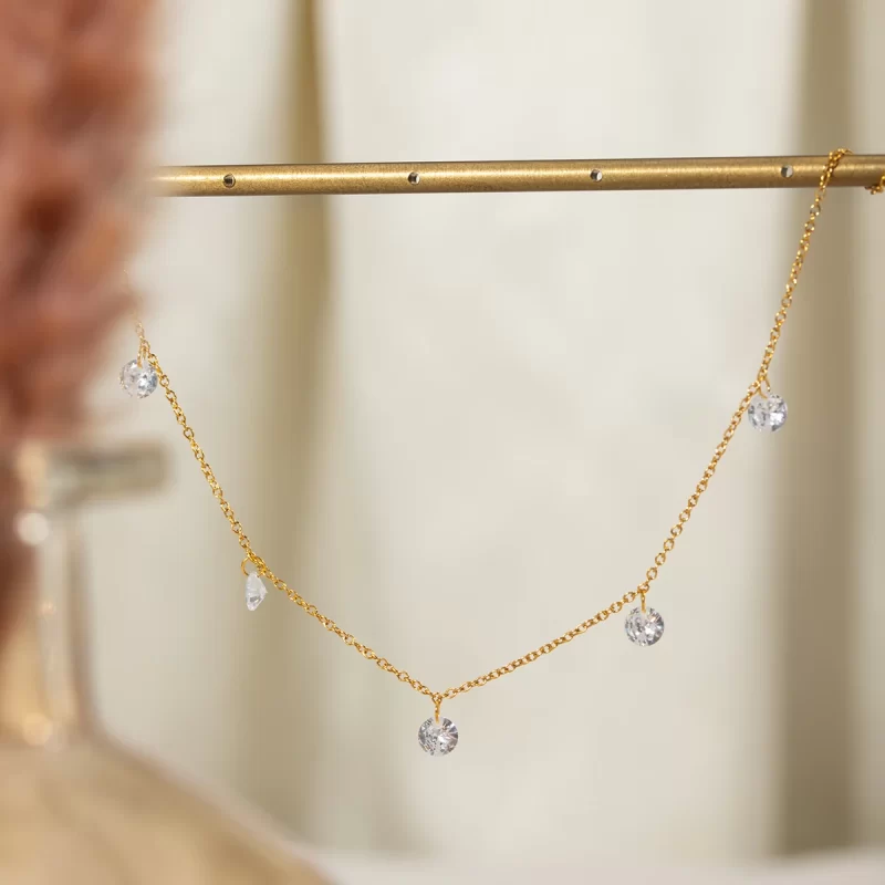 J&D Jewelry Waterproof Simple Thin Necklace Stainless Steel Link Chain Crystal Stone Drop Necklaces - Image 4