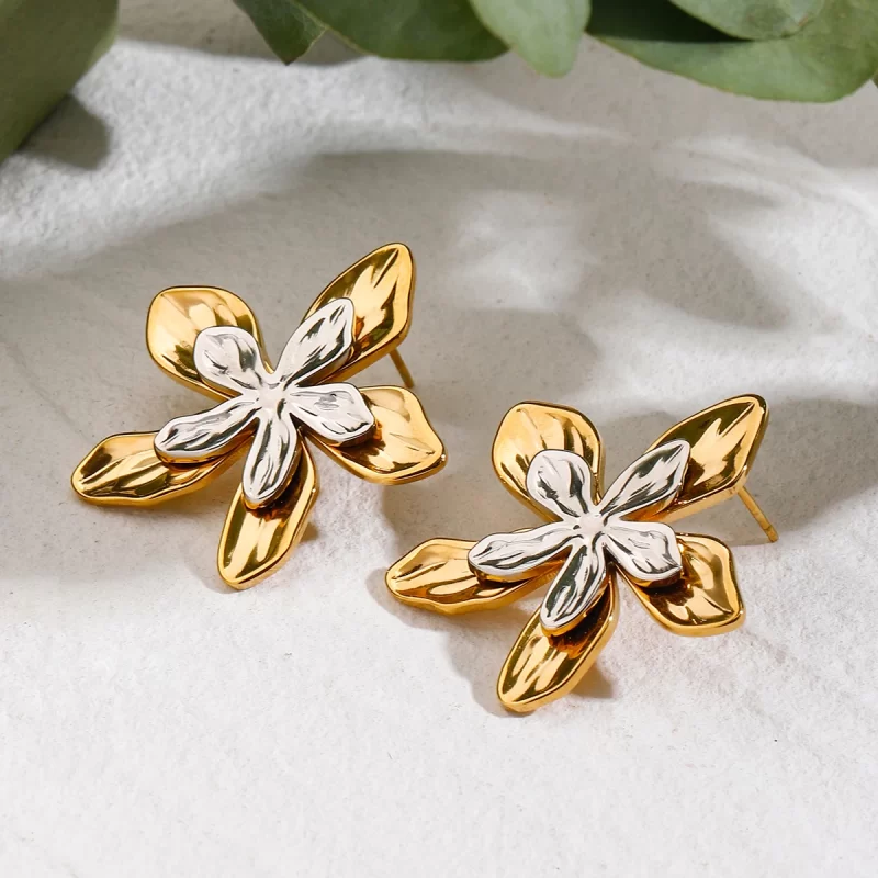 Designer Exquisite Stainless Steel Jewelry 18K Gold Two Tone Hammered Flower and Leaf Earrings - Image 4